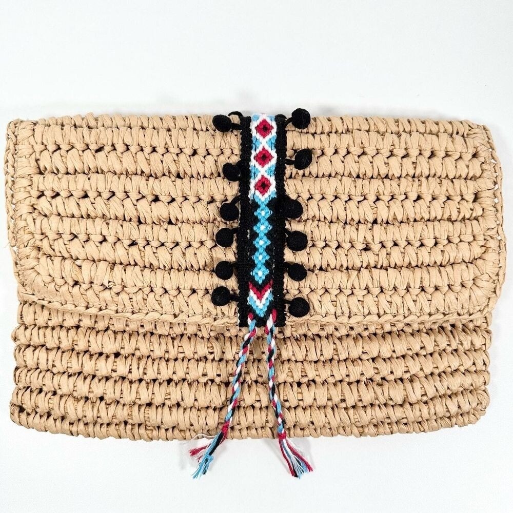Fallon & Royce Woven Straw Clutch Bag Tan Pom Pom Boho Embroidered Summer Bag